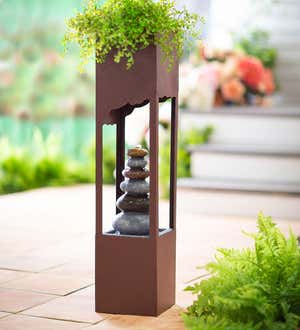 Electric Lighted Fountain with River Rock Cairn and Planter