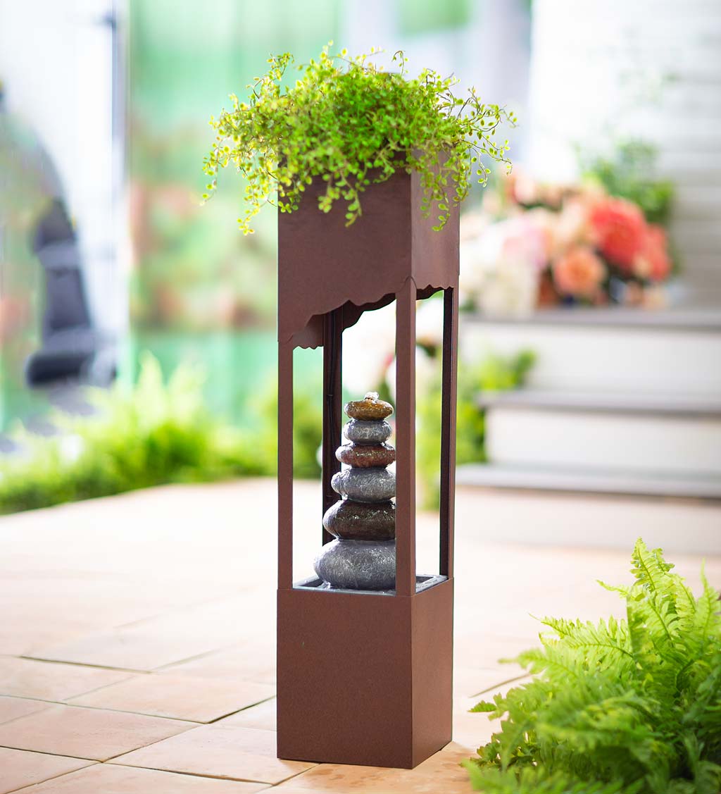 Electric Lighted Fountain with River Rock Cairn and Planter