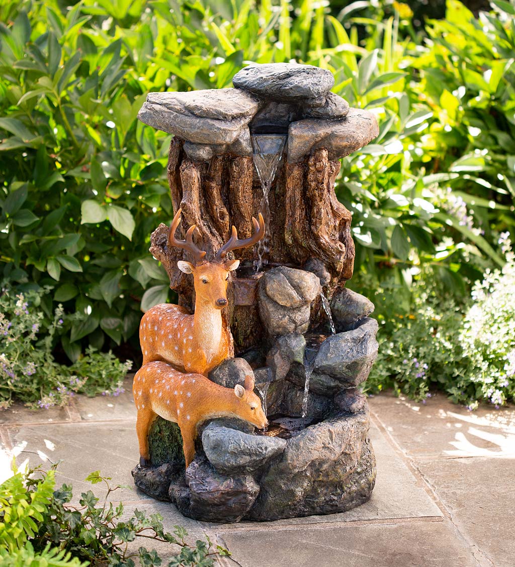 LED-Lighted Realistic Buck and Doe Waterfall Fountain