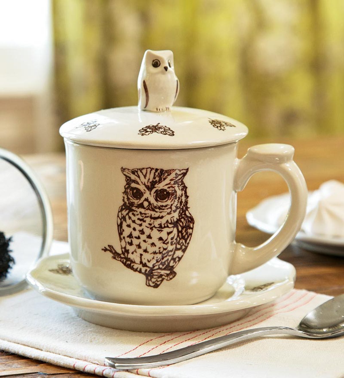 Horned Owl Bone China Covered Teacup And Saucer