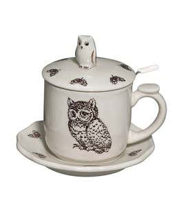Horned Owl Bone China Covered Teacup And Saucer