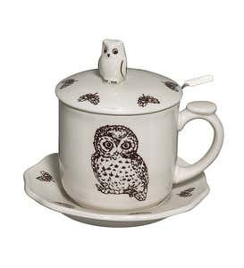 Owl Bone China Covered Teacup And Saucer