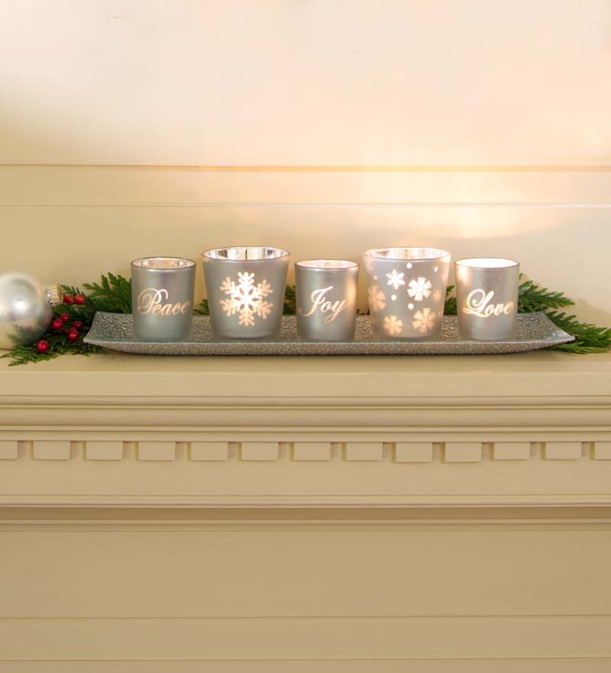 Frosted Glass Holiday Votive Set with LED Tealights - Silver