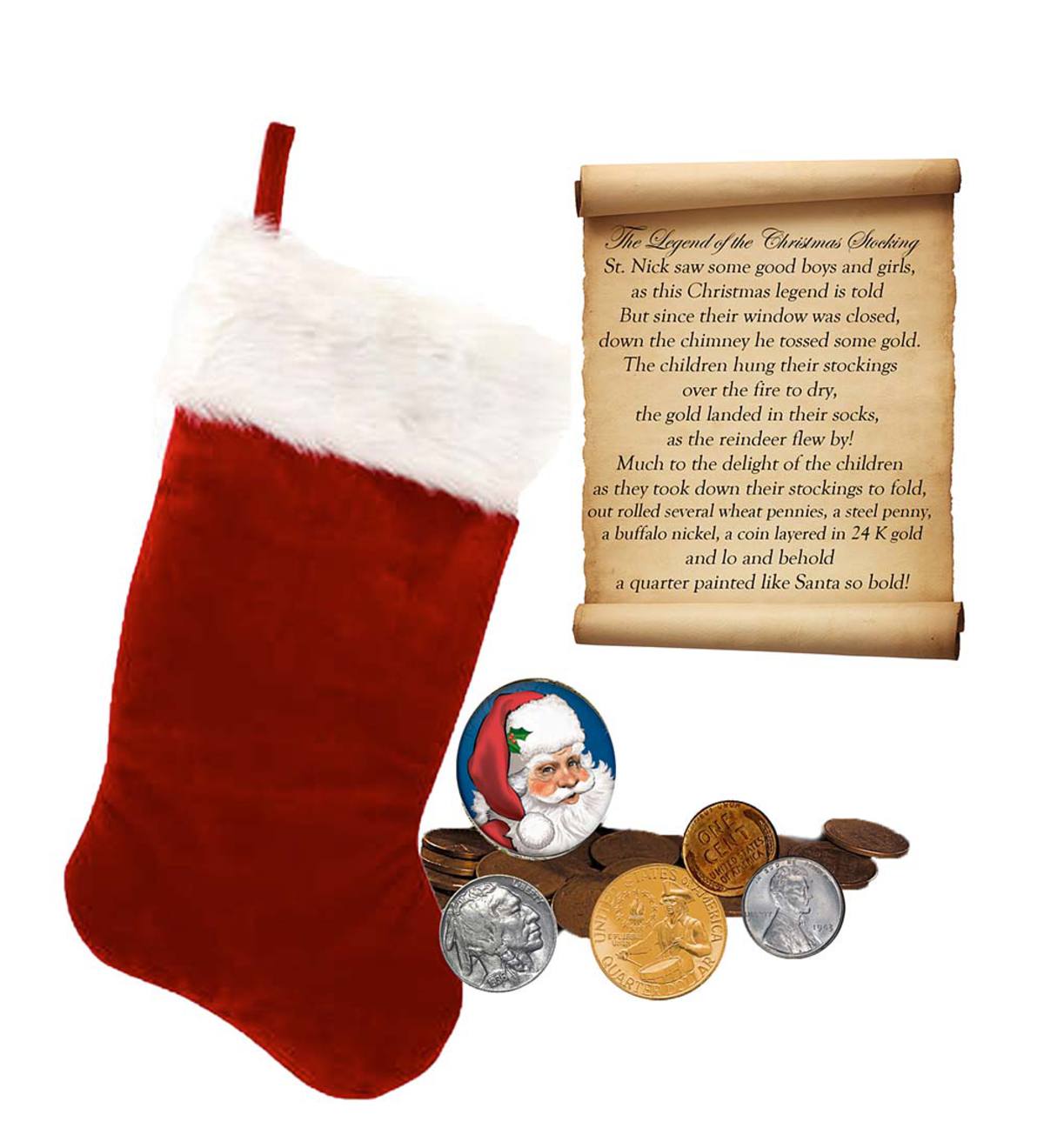 Red Christmas Stocking with Rare Coin Collection