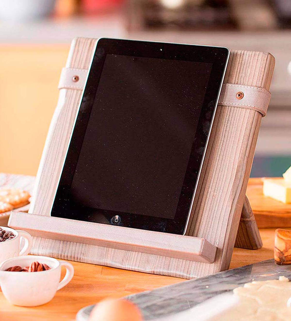 Reclaimed Wood and Salvaged Leather iPad/Cookbook Holder - Gray