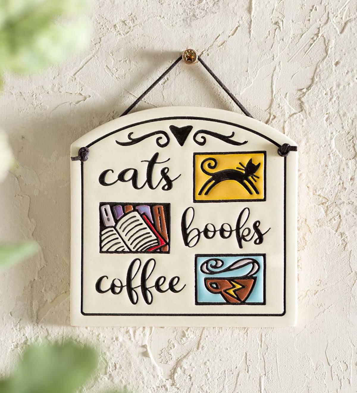 Handcrafted Cats, Books and Coffee Wall Plaque by Michael Macone