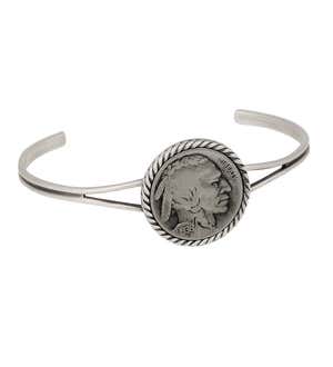 Silvertone Cuff Bracelet with Authentic Buffalo Nickel Coin