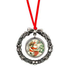 Holiday Wreath Ornament with Colorized Santa Claus Quarter
