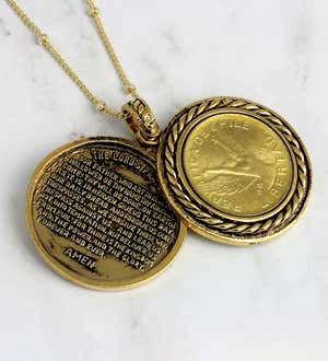 Golden Lord's Prayer Charm with Coin and Saturn-Style Chain