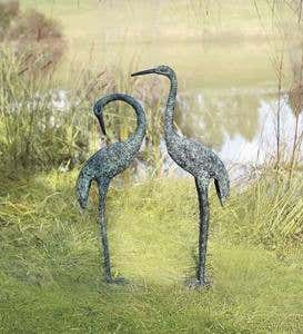 Aluminum Crane Garden Sculptures with Patina Finish, Set of 2