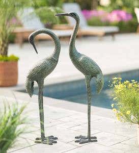 Aluminum Crane Garden Sculptures with Patina Finish, Set of 2