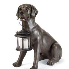 Black Labrador Dog Statue Holding A Solar Lantern
