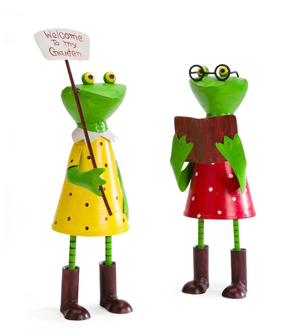 Metal Schoolgirl Frog Sculptures, Set of 2