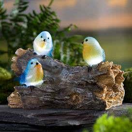 Solar-Lighted Three Bluebirds on a Log Outdoor Sculpture