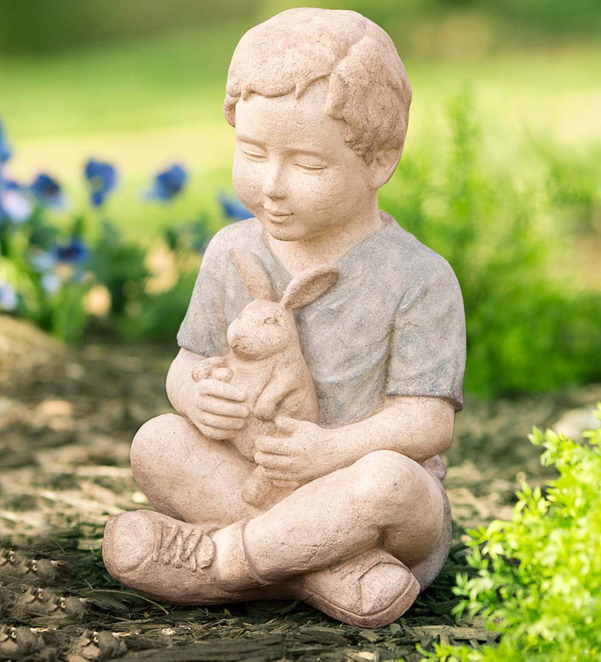 Boy Holding Rabbit Garden Statue