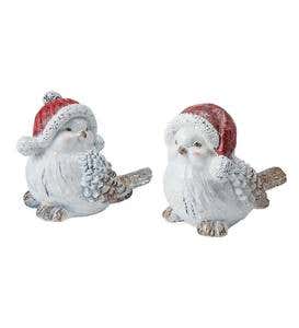 Indoor/Outdoor Holiday Snowbird Figurines with Red Santa Hats, Set of 2