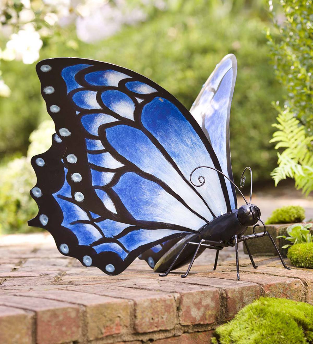 Hand-Painted Blue Metal Monarch Butterfly Outdoor Sculpture