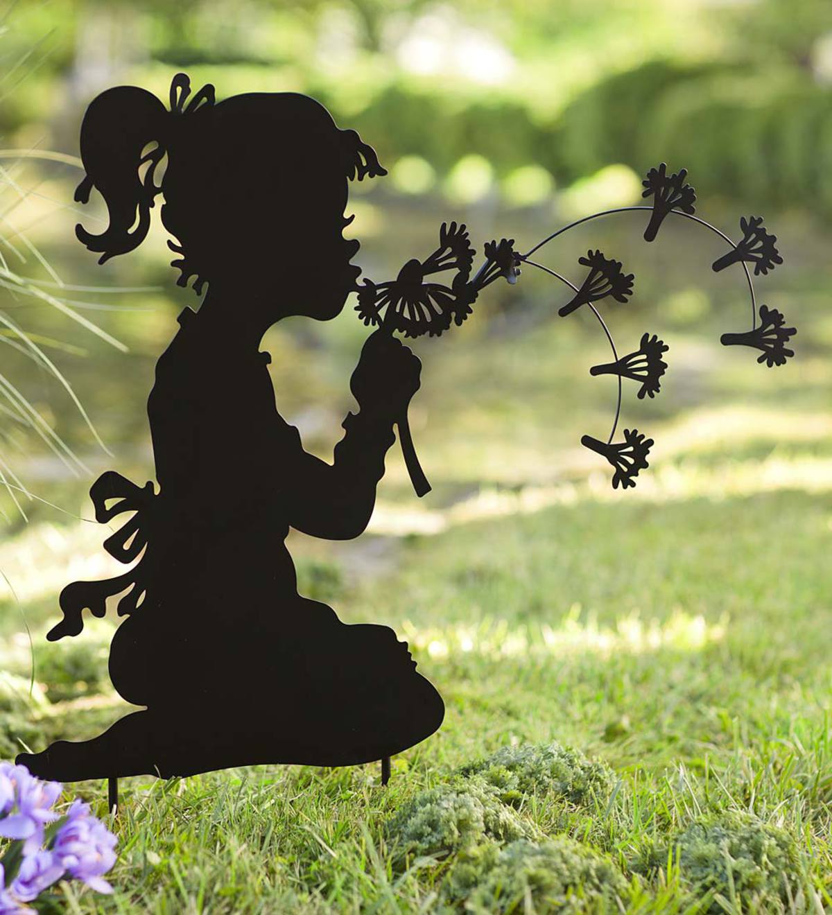 Girl With Dandelion Silhouette Black Metal Garden Stake