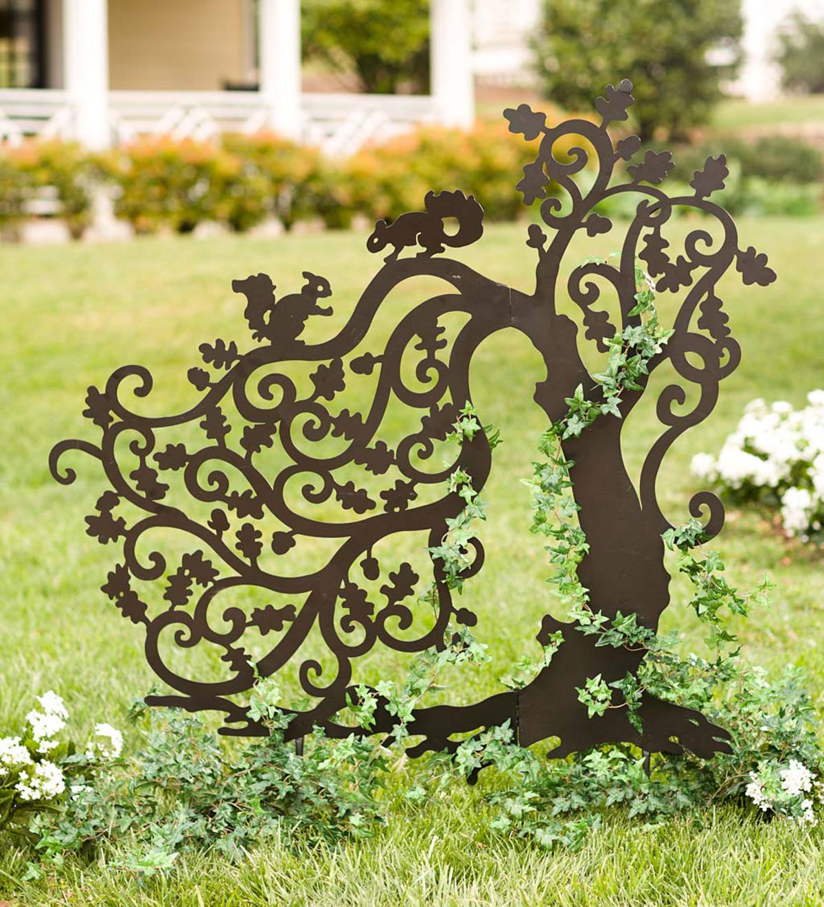 Laser-Cut Metal Twisting Tree with Squirrels Silhouette Garden Stake