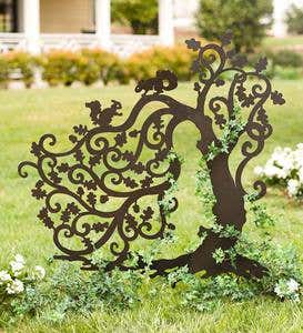 Laser-Cut Metal Twisting Tree with Squirrels Silhouette Garden Stake