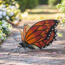 Hand-Painted Orange Metal Monarch Butterfly Outdoor Sculpture