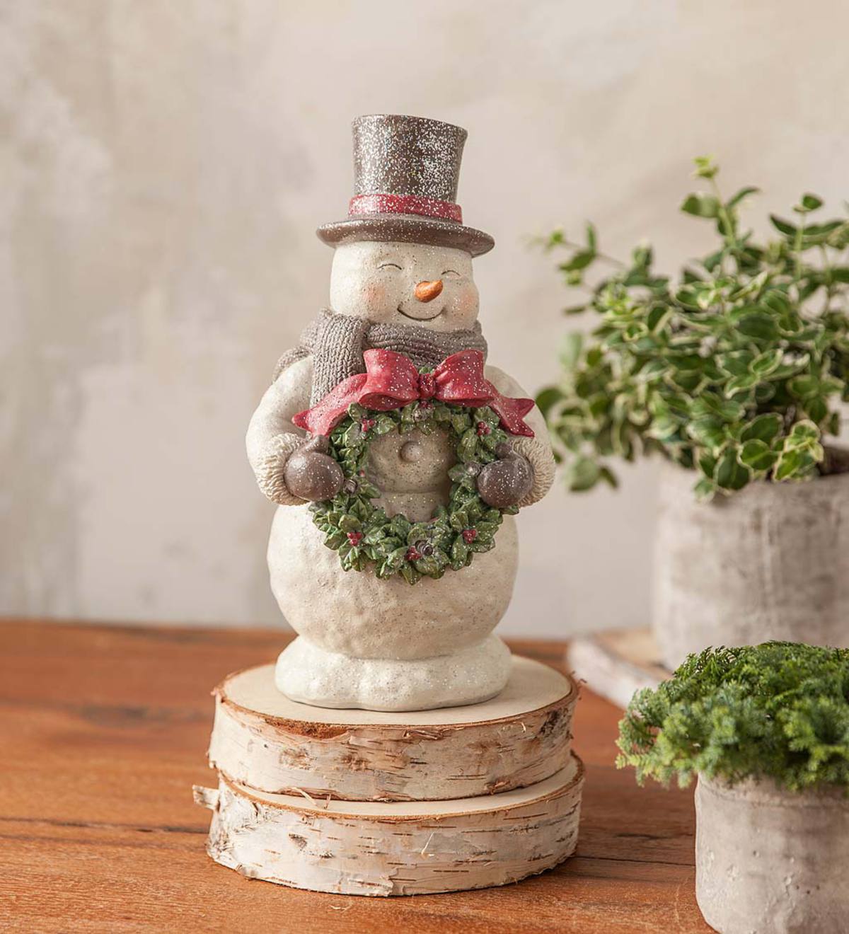 Snowman Figurine with Lighted Wreath