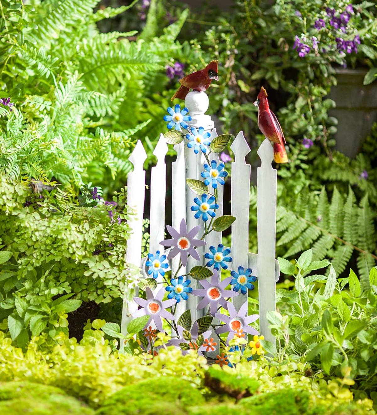 Metal Picket Fence with Flowers and Cardinals Sculpture
