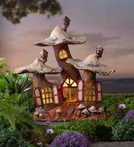 Solar Lighted Three Mushroom Fairy House