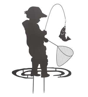 Boy Fishing Silhouette Metal Garden Stake