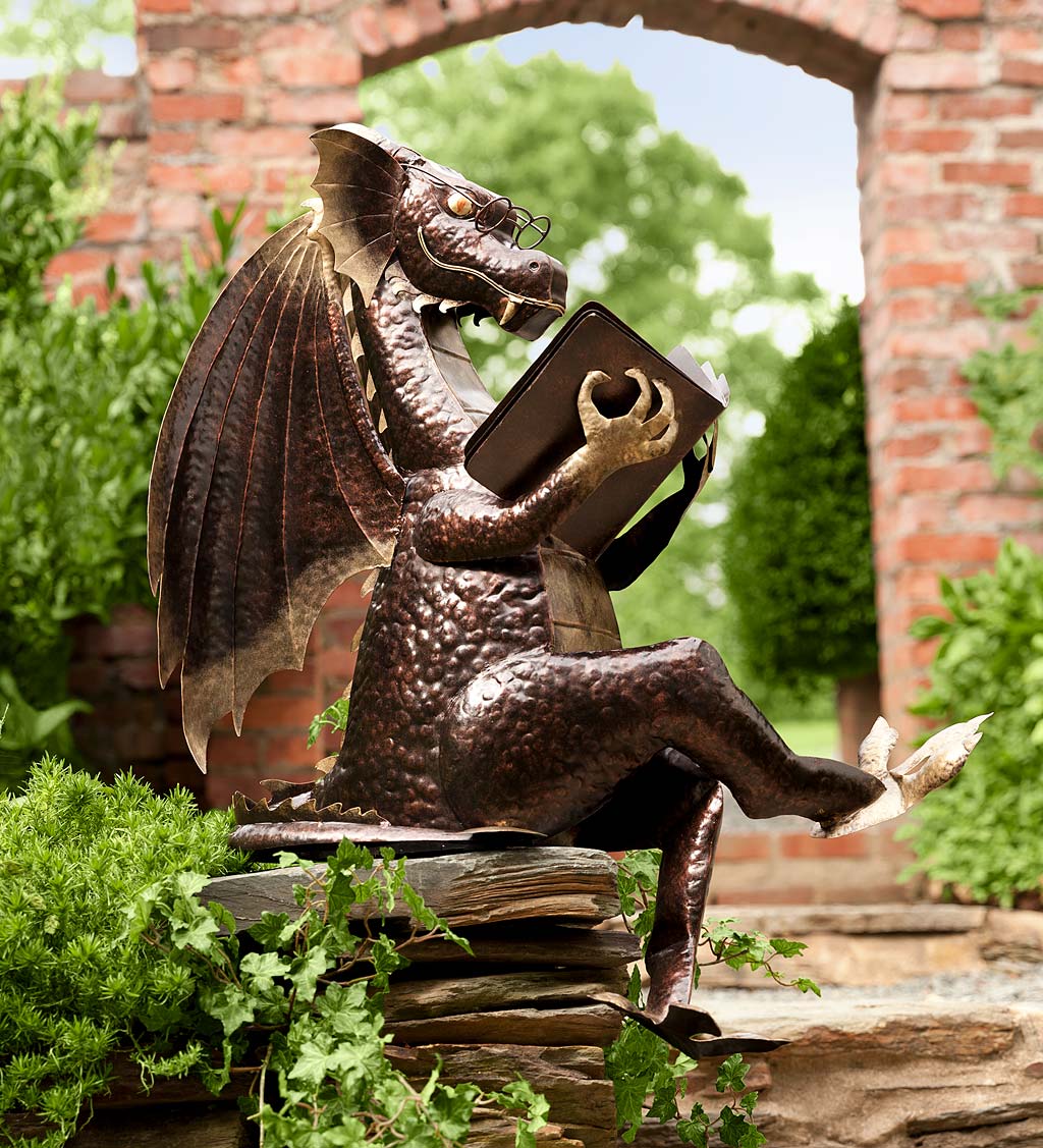 Metal Reading Dragon Sculpture