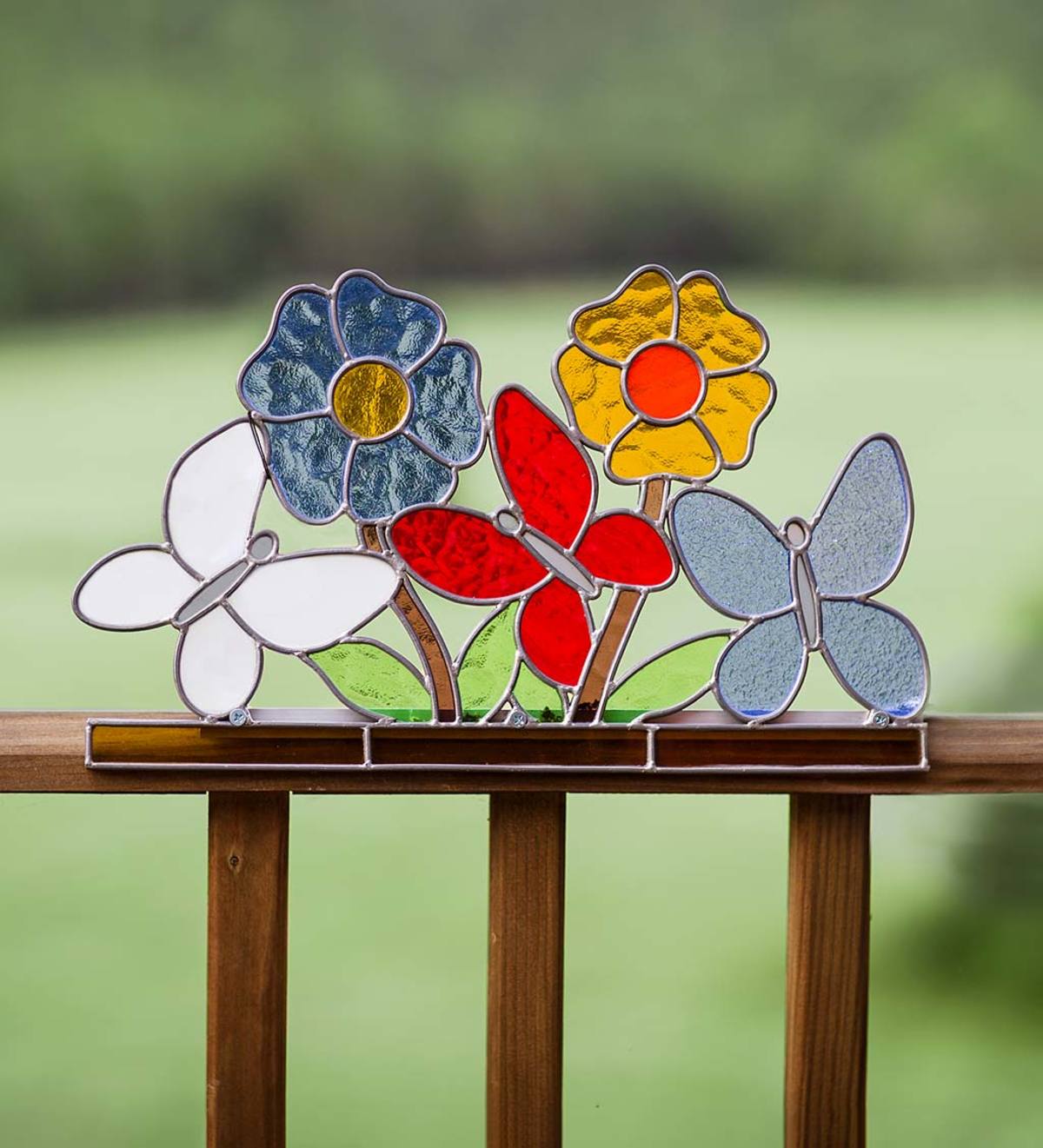 Stained Glass Flowers and Butterflies Railing Topper