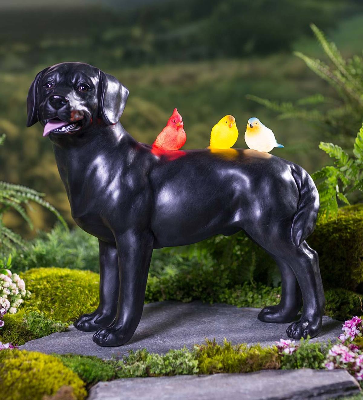 Dog with Solar Glowing Birds Statue