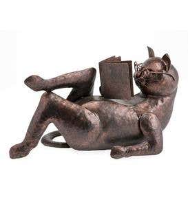 Handcrafted Metal Reading Cat Sculpture