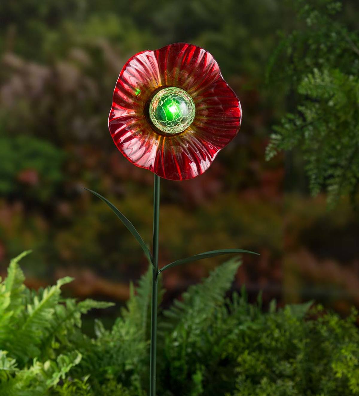 Solar Red Glass Flower Garden Stake