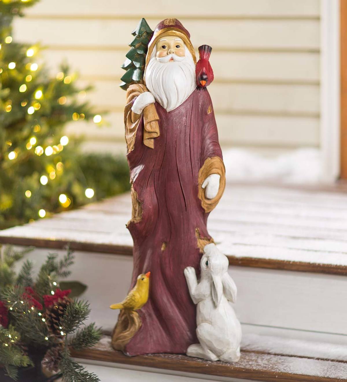 Woodlike Santa with Bunny Holiday Statue