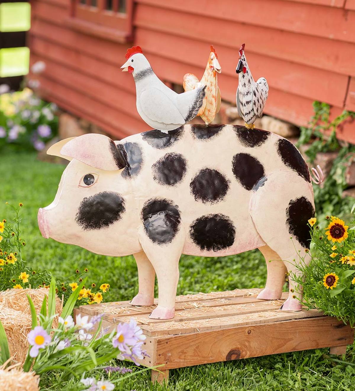 Handcrafted Metal Pig with Chickens Sculpture