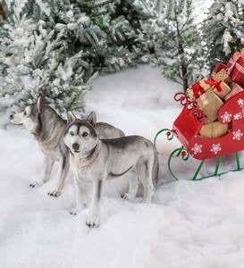 Siberian Husky Dog Sculptures and Red Metal Sleigh