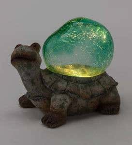 Turtle Sculpture with Solar Lighted Crackle-Glass Orb
