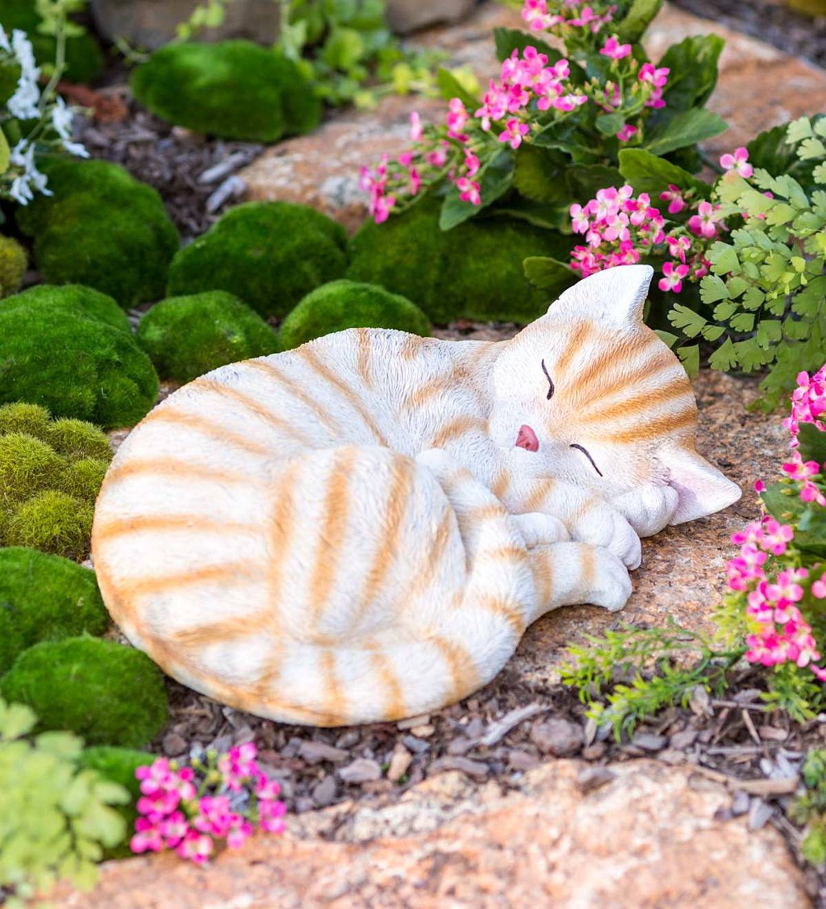 White and Ginger-Striped Sleeping Kitty Indoor/Outdoor Sculpture