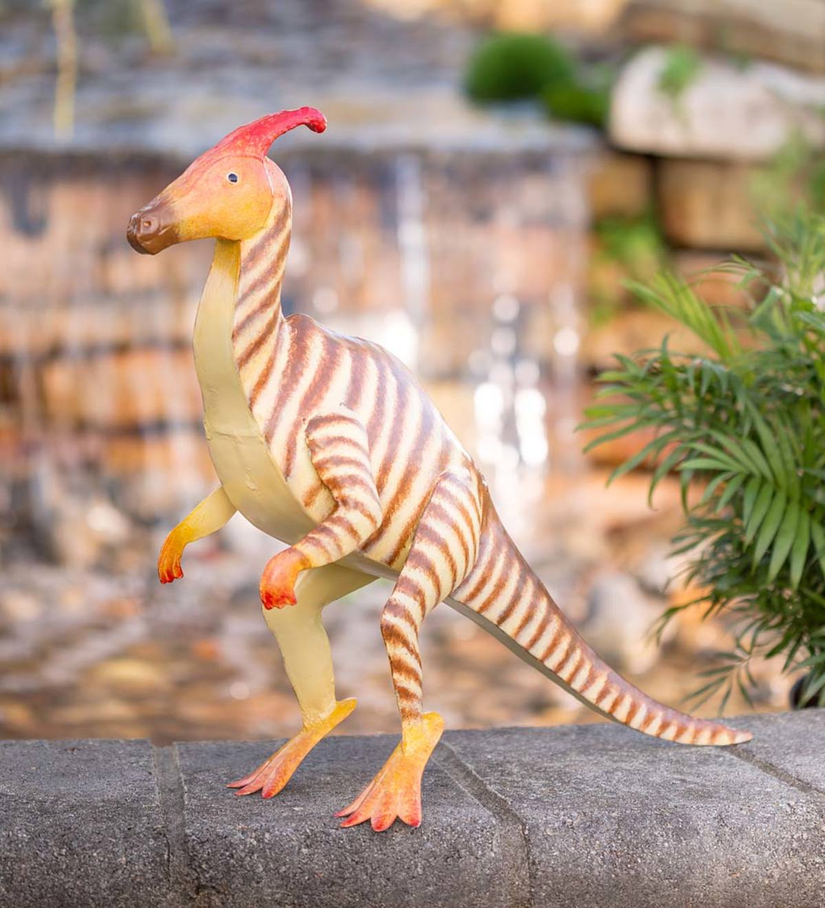 Handcrafted Striped Metal Parasaurolophus Dinosaur Sculpture