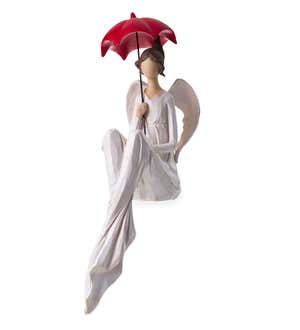 Seated Angel with Red Umbrella Indoor/Outdoor Statue