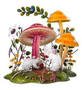 Handcrafted Colorful Metal Mice and Mushrooms Diorama