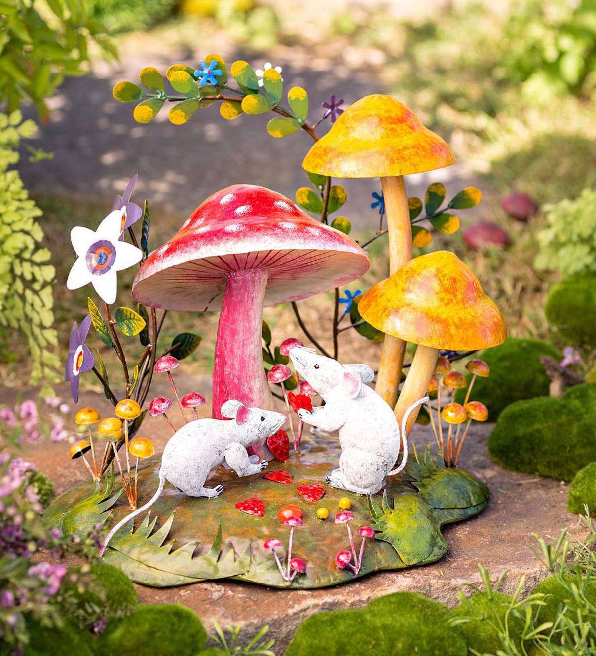 Handcrafted Colorful Metal Mice and Mushrooms Diorama