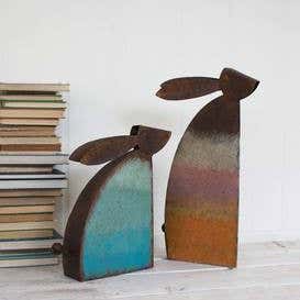 Rustic Metal Rabbit Sculptures, Set of 2