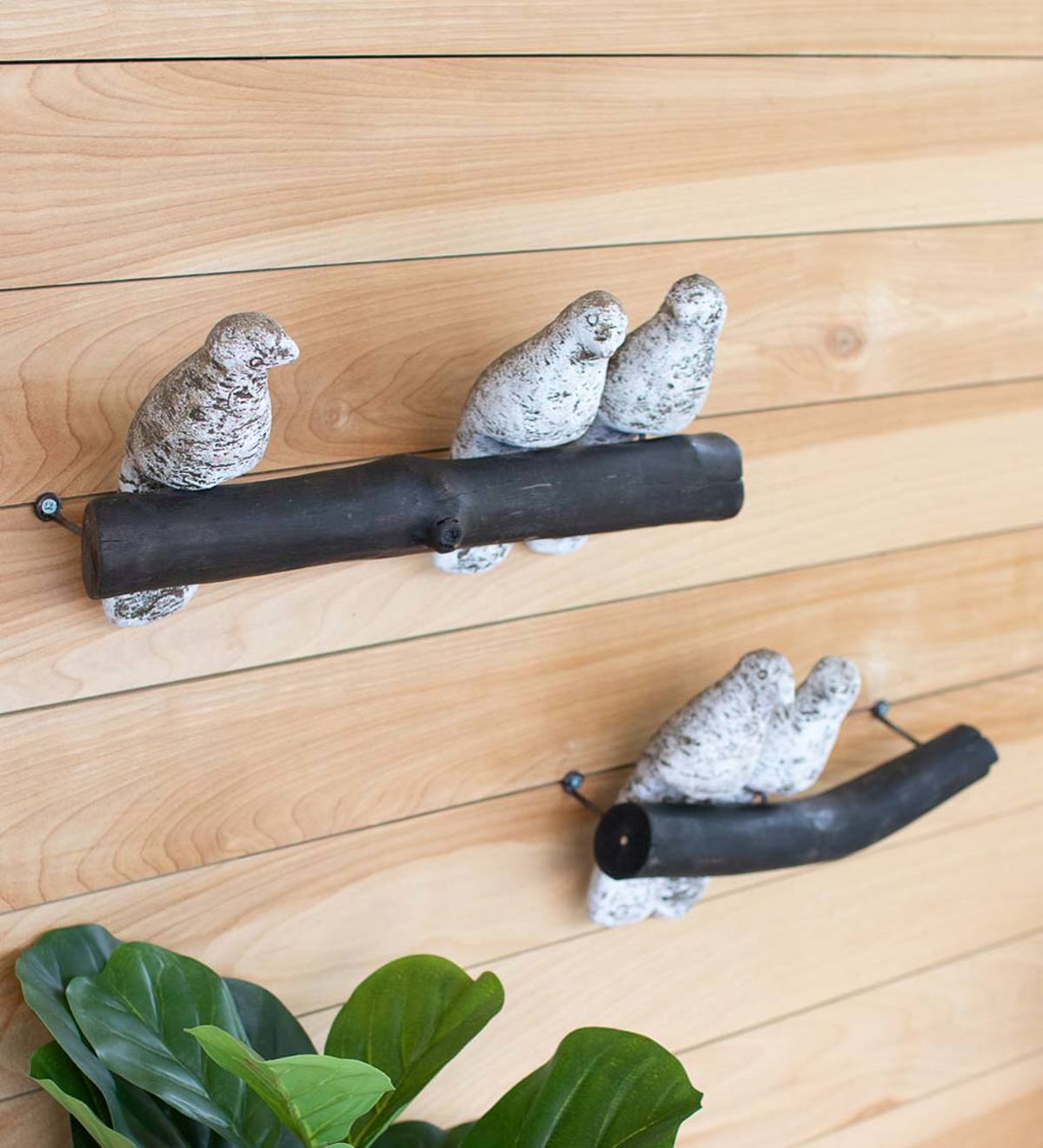 Clay Birds on Wooden Branches, Set of 2