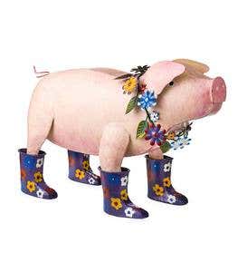 Handcrafted Metal Pig with Flowered Purple Rain Boots