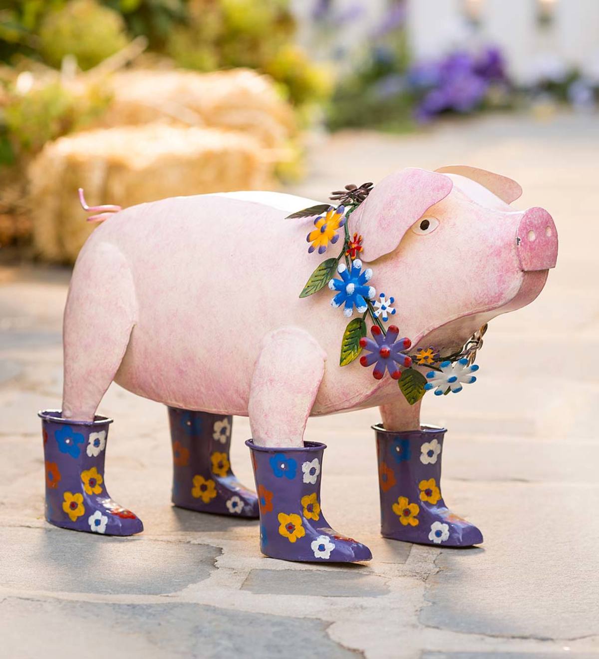 Handcrafted Metal Pig with Flowered Purple Rain Boots | Wind and Weather | Weite Hosen