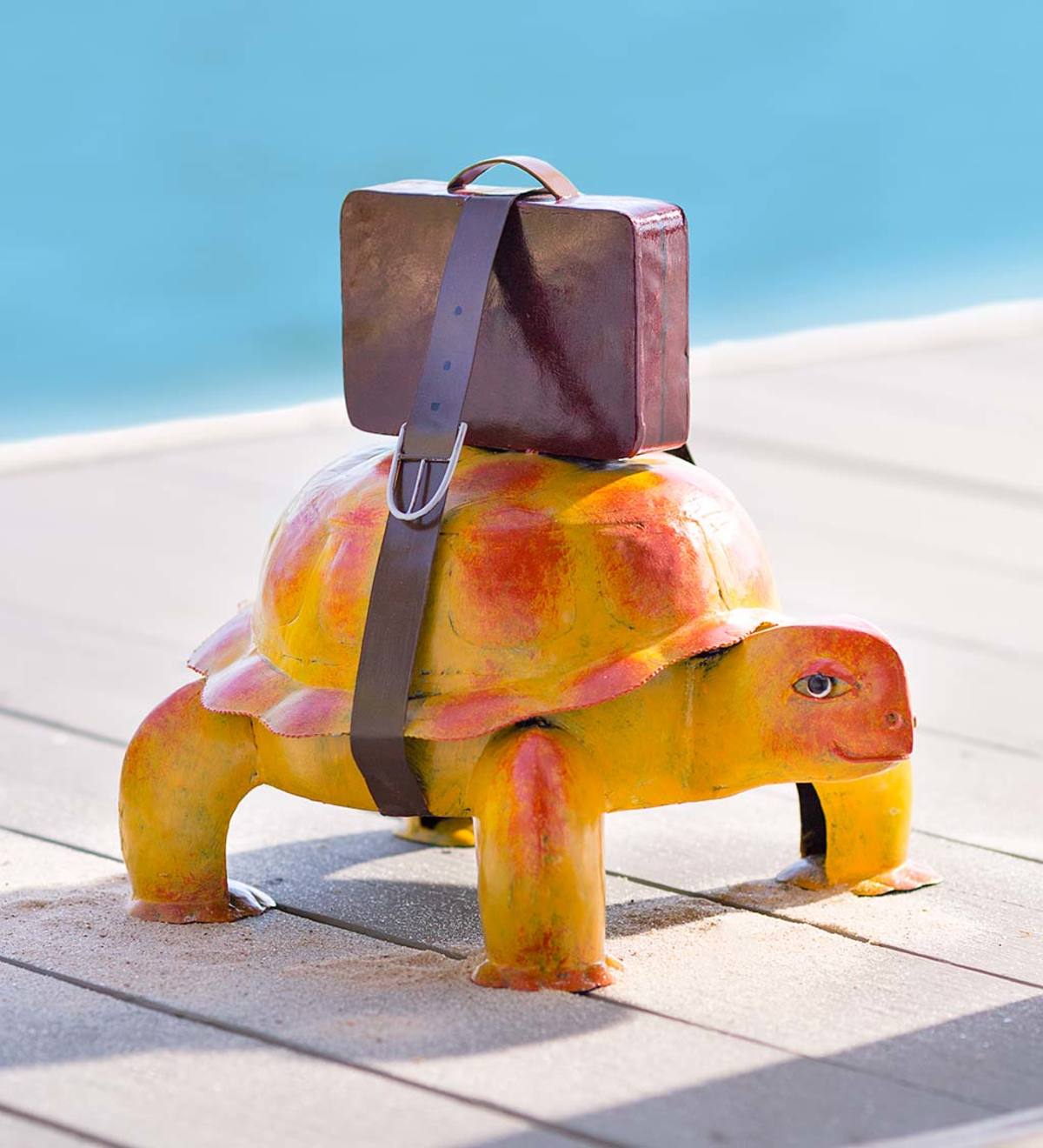 Colorful Handcrafted Traveling Turtle with Suitcase Metal Indoor/Outdoor Sculpture