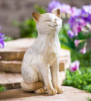 Smiling White Cat Resin Statue With Look of Carved Wood