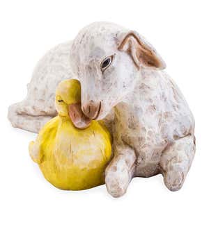 Goat and Duckling Resin Statue With Look of Carved Wood